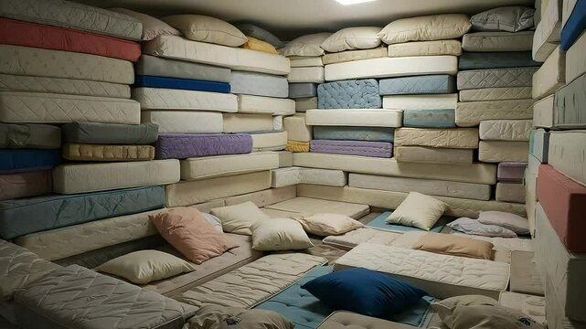 Soft Pillows and Mattresses Stacked in a Room