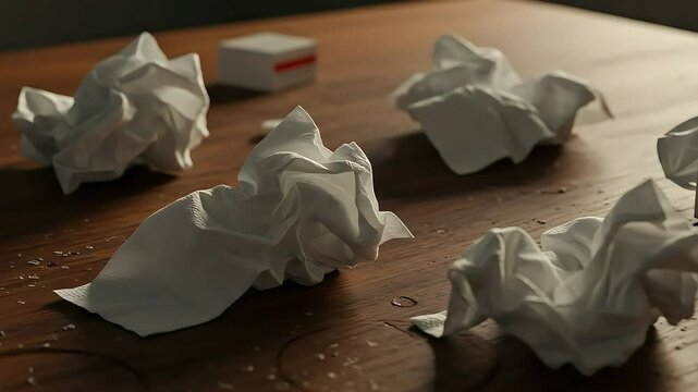Snotty tissues scattered on the table