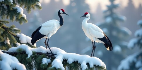 Obraz premium Two cranes perched on snow-laden pine branches, winter scene , ???, traditional, landscape