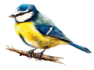 Obraz premium Bluetit isolated: Bright illustration or photo of a cute bluetit perched on a branch against a plain background