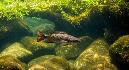 Obraz premium Fish glides through sunlit murky depths