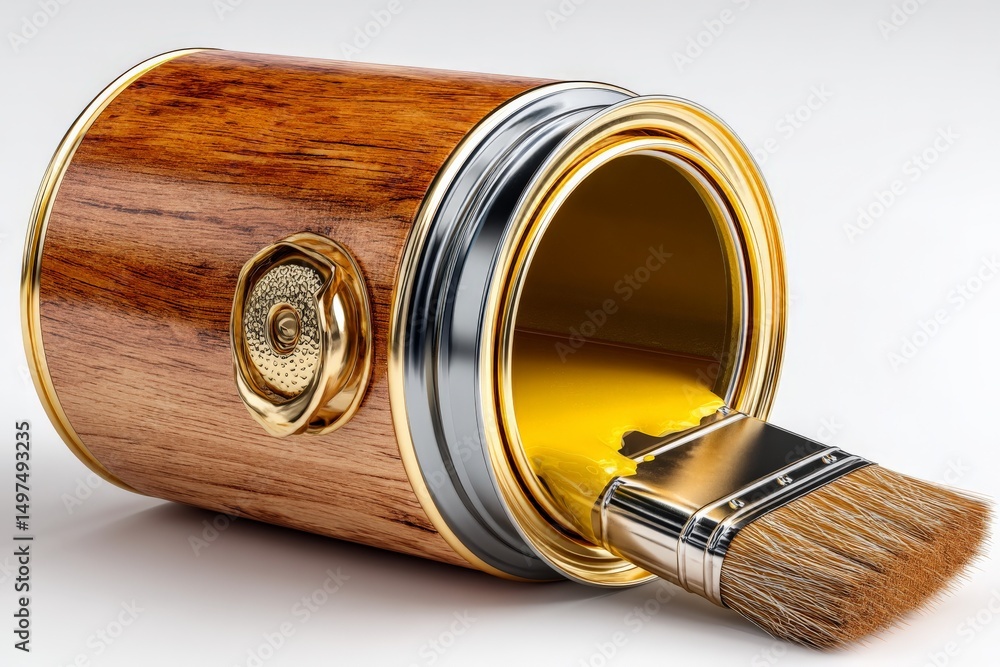Poster brush and paint can with realistic wood texture and shiny metal lid on a plain background