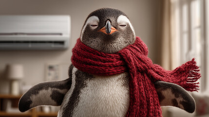 penguin standing upright in front of a large modern fan or air conditioner unit, wearing a red scarf