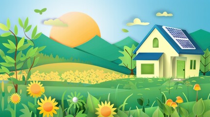 Fototapeta premium Sustainable Home with Solar Panels in a Green Landscape