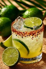 a spicy margarita in a short glass with chili rim, slice of lime as garnish, clear ice cubes, clean and minimal styling.