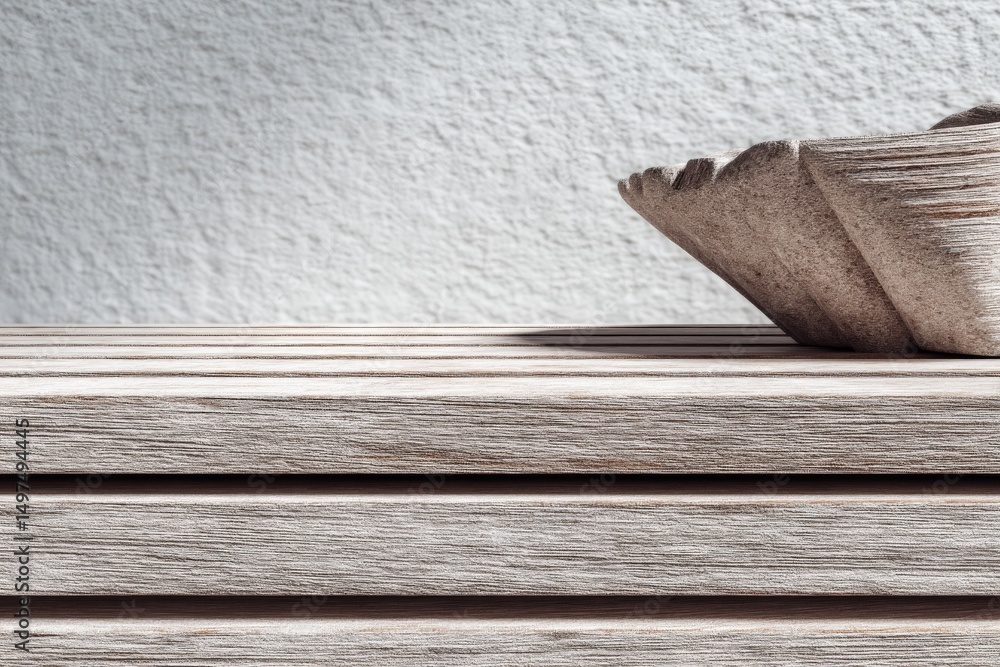 Poster high-quality wooden texture with folded paper detail on a natural surface illuminated by soft light