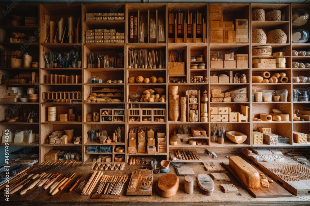 Poster woodworking studio filled with handcrafted tools and materials in a cozy workshop setting