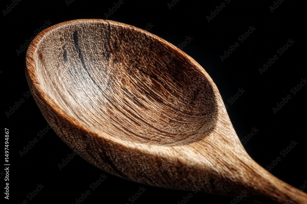 Poster unique handcrafted wooden spoon showcasing intricate details in close-up view against dark backgroun