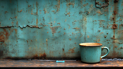Rustic Charm: Weathered Metal Backdrop with a Vintage Teal Mug Still Life