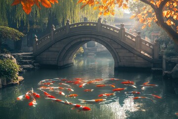 In a tranquil pond setting, colorful koi fish swim beneath a stone bridge