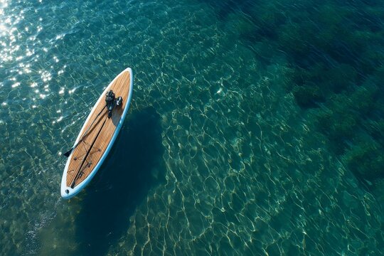 Bright sunlight sparkles on calm ocean water as two people paddle on a stand-up paddleboard near a peaceful shoreline