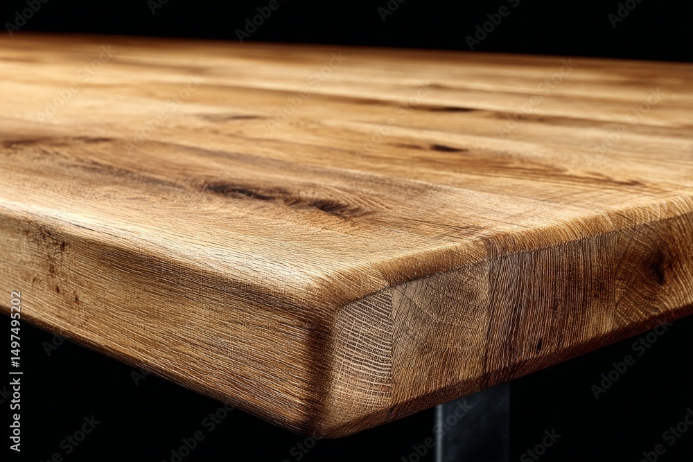 Poster close-up view of a polished wooden tabletop highlighting grain detail and craftsmanship in an indoor