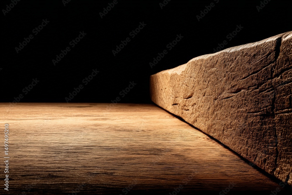 Poster unique interplay of light and shadow on a textured stone against a wooden surface in a dark environm