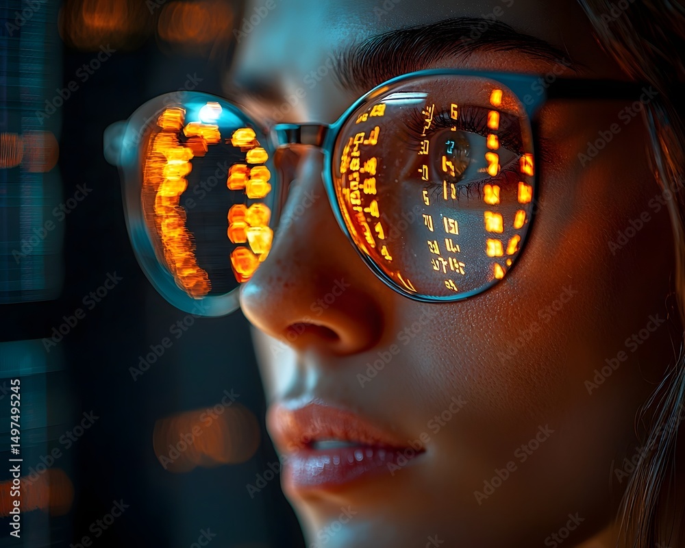 Poster a cybernetic financial analyst reviewing data on a computer screen