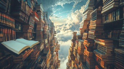 A library of knowledge, towering book stacks, reaching towards the sky.  Vast collection, open book