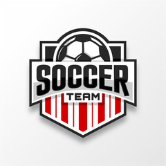 Red and white stripes football logo badge with a soccer ball illustration. sport team logo vector template.