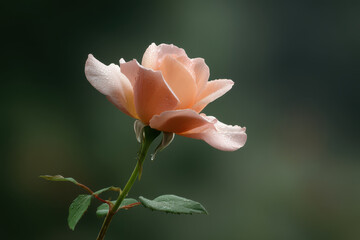 serene dawn scene over blooming garden featuring single rose bathed in soft light