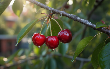 Obraz premium Fresh Ripe Cherries Hanging on Tree Branch with Dew Drops Photo.
