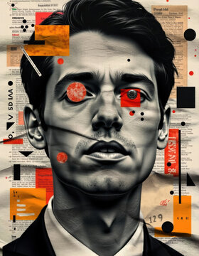 Modernist portrait of a man blended with expressionist collage elements and bold geometric shapes. Bauhaus-inspired design with primary colors and black-and-white contrast. For flyers, posters, etc