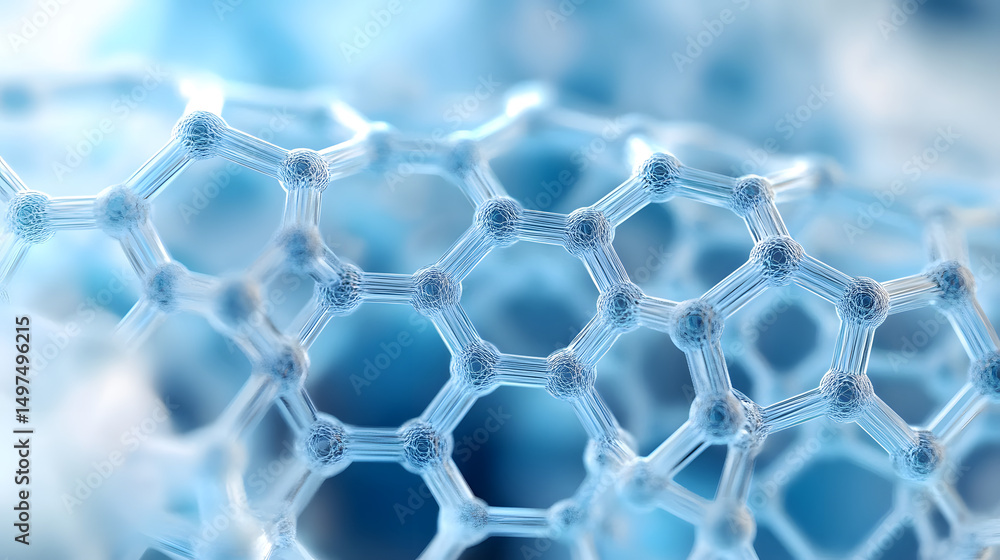 Poster abstract hexagonal network structure, rendered in cool blue tones, resembling a complex molecular mo