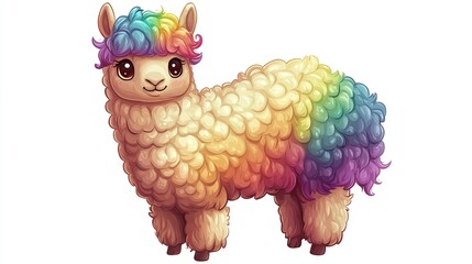 Cute, fluffy llama with rainbow-colored fur