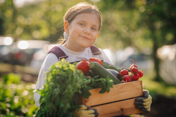 Young farmer girl holding wooden crate full of fresh vegetables