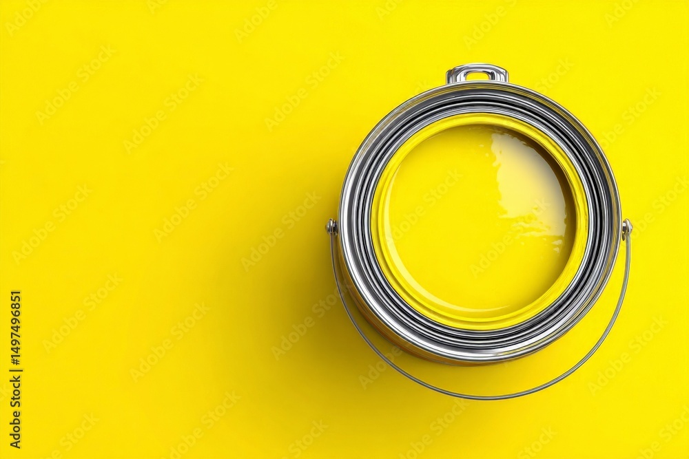 Poster bright yellow paint in an open can resting on a vibrant yellow surface ready for creative projects
