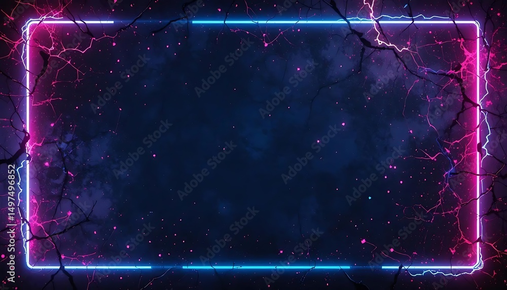 Poster abstract dark background with glowing neon frame and cracks effect