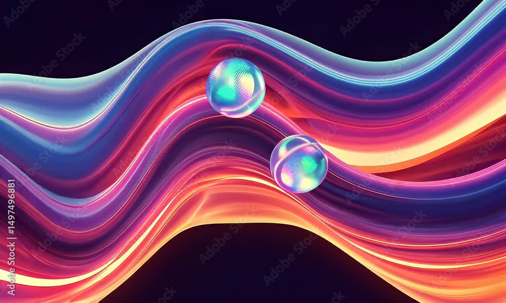 Poster abstract colorful wavy background with glowing spheres and dynamic light effects