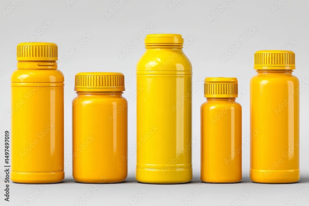 Poster bright yellow bottles of various sizes on a plain background showcasing design and color variety