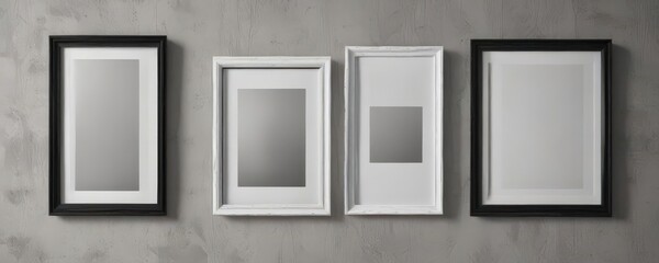 Various sized white & black hanging frames against a textured wall; subtle shadows enhance depth ,  wall mockup,  shadow mockup