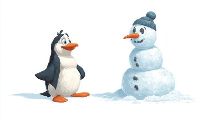 Fototapeta premium Cute Penguin with Snowman in Winter Scene