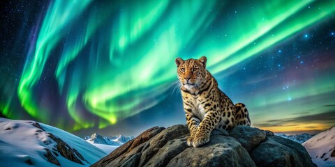 Leopard Under the Northern Lights, Snow Mountain, Wildlife Photography, Aurora Borealis, Night Sky, ,