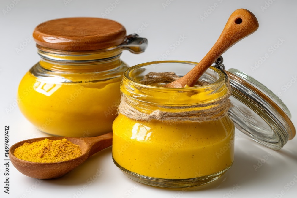 Aufkleber bright yellow turmeric paste in glass jars with wooden spoons on a white surface creating a vibrant 
