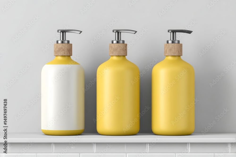 Poster bottles with wooden caps arranged on a white shelf in a modern bathroom in simple decor setting