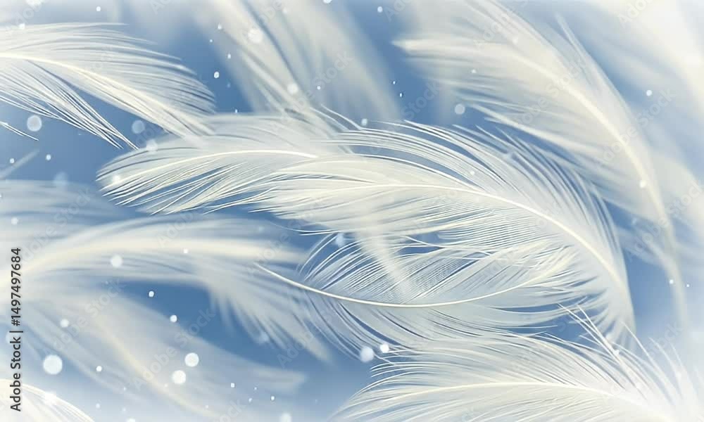 Poster abstract composition of white feathers against a light blue backdrop with floating particles