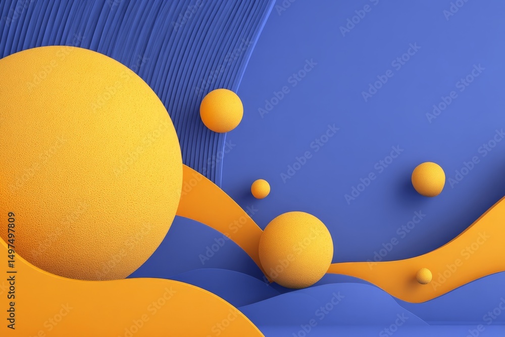 Poster colorful abstract design featuring spheres and flowing curves in vibrant blue and orange tones, crea