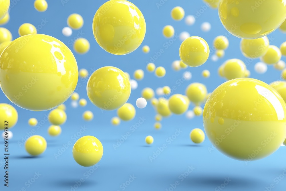 Poster yellow spheres float in a blue background, creating a vibrant, abstract composition