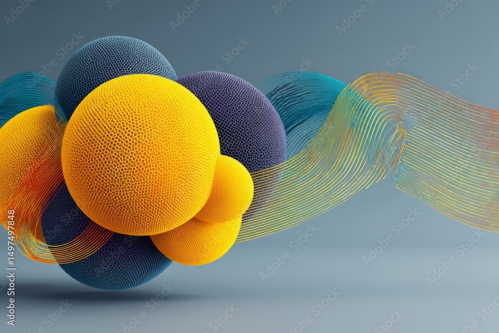 Poster Colorful abstract spheres floating in space with flowing lines creating a dynamic visual experience