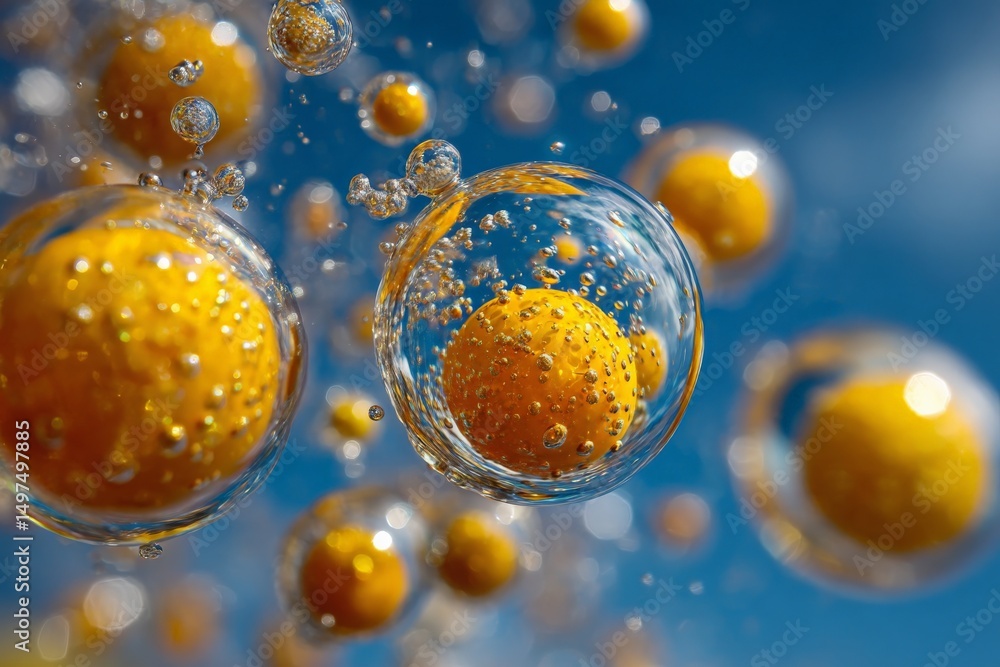 Poster Colorful bubbles with yellow spheres float in a clear sky during a sunny day, creating an enchanting visual display of light and color