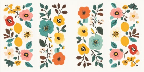 Floral border design with various blossoms, leaves, and citrus fruits