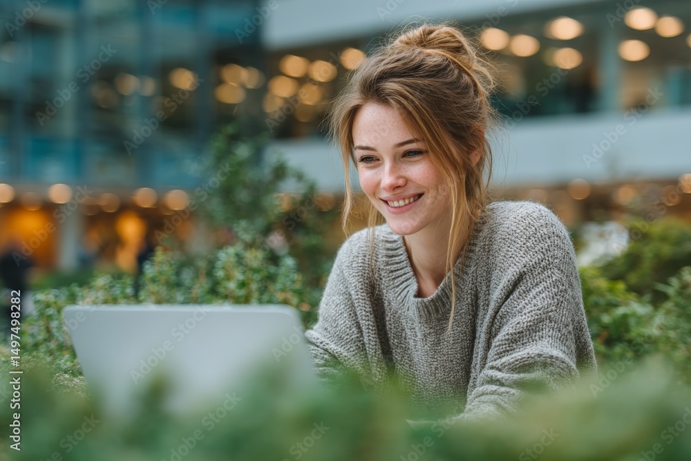 Aufkleber Young woman smiling while working on a laptop in a modern office environment surrounded by greenery