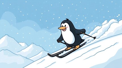 Cute Penguin Skiing on Snowy Mountain