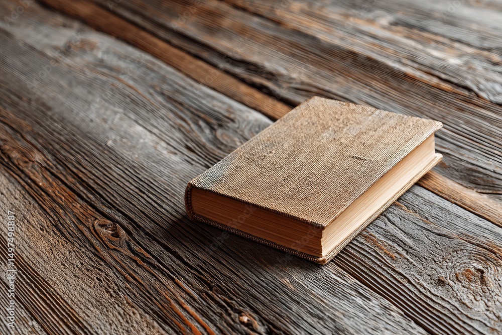 Poster old hardcover book resting on a rustic wooden table in warm lighting creating a cozy atmosphere for 
