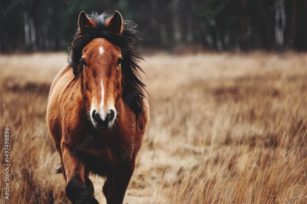 Poster majestic brown horse running through a field at dawn surrounded by tall grass and trees