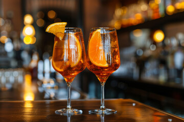 Elegant aperitif drinks, refreshing spritz served with slices of orange in tall glasses on a bar counter at sunset.