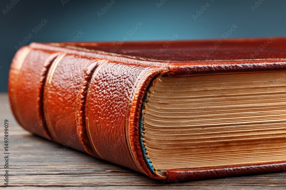 Poster leather-bound book resting on wooden table illuminated by soft light in a cozy, quiet indoor setting