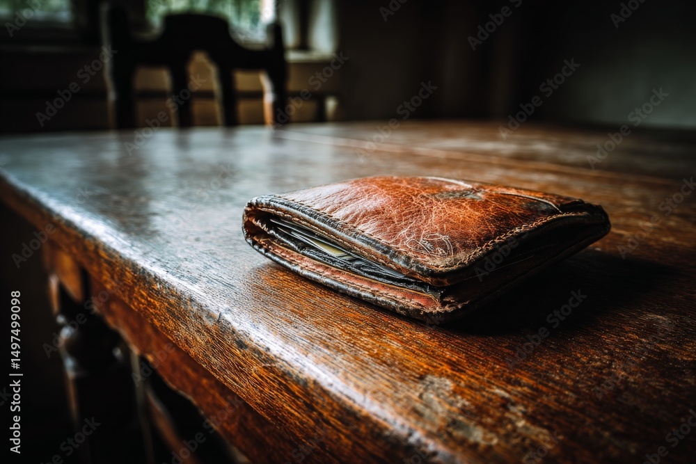 Poster leather wallet resting on rustic wooden table in softly lit room during afternoon