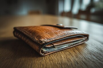 Leather wallet resting on a wooden table in a cozy indoor setting during the daytime