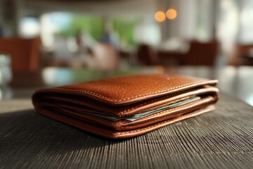 Close-up of a brown leather wallet resting on a table in a contemporary cafe during daytime